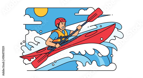 A vibrant illustration depicts a kayaker paddling on water under a sunny sky showcasing a bold silhouette high quality professional detailed