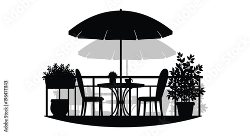A minimalist scene of a cafe terrace with an umbrella and seating rendered as a striking silhouette high quality professional detailed