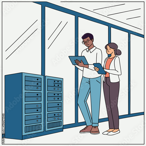 man with a computer. Male DevOps Engineer and Female IT Consultant Using a Tablet Computer, Standing in an Office Above the Rows of Servers in a Data Center, Developing Automation Scripts 