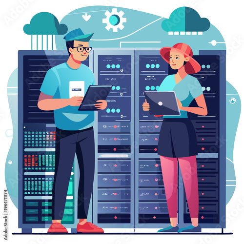 business woman in the office. Male DevOps Engineer and Female IT Consultant Using a Tablet Computer, Standing in an Office Above the Rows of Servers in a Data Center, Developing Automation