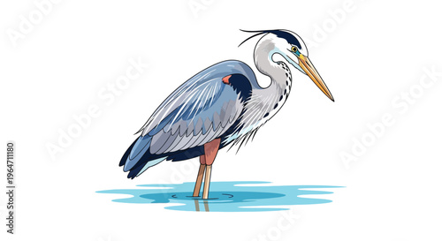 A detailed illustration of a grey heron standing in shallow water exhibiting a striking silhouette high quality professional modern elegant stylish