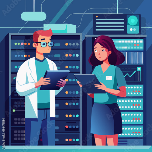 business woman at the office. Male DevOps Engineer and Female IT Consultant Using a Tablet Computer, Standing in an Office Above the Rows of Servers in a Data Center, Developing Automation 