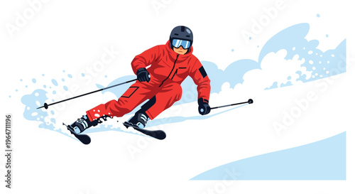 A skier in a vibrant red suit descends a snowy slope creating a striking visual silhouette high quality professional detailed modern