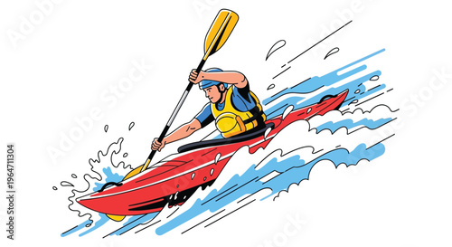 A kayaker paddles a red vessel through dynamic blue waves rendered in a striking graphic style silhouette high quality professional detailed
