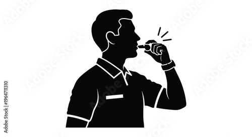 A black silhouette of a man blowing a whistle likely a referee with distinct facial features silhouette high quality professional detailed