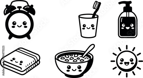 Cute smiling morning routine icons with alarm clock toothbrush and sun vector art