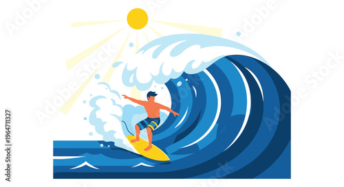 A surfer rides a large ocean wave under a bright yellow sun presented as a striking silhouette high quality professional detailed