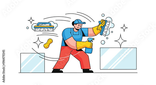A cheerful window cleaner diligently scrubs a glass pane surrounded by cleaning tools and sparkling effects silhouette high quality professional detailed