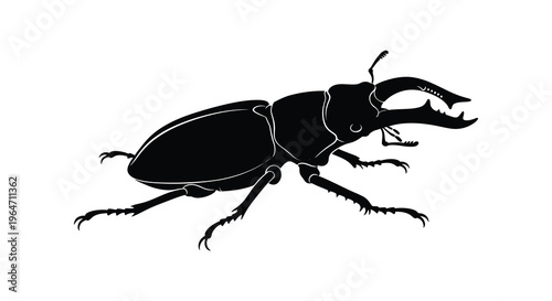 A striking black stag beetle is depicted in profile showcasing its large mandibles and detailed form silhouette high quality professional modern