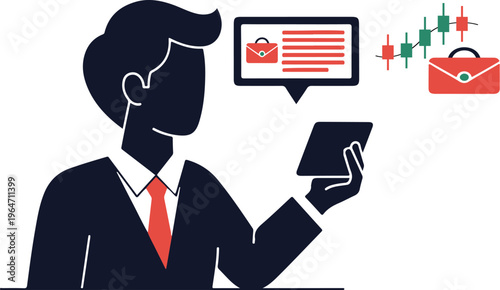 Stock market trader analyzing financial data on digital tablet, businessman monitoring investment portfolio and candlestick charts, flat vector illustration