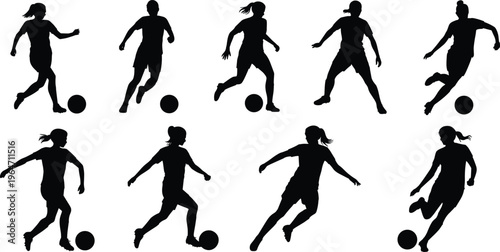 Black vector silhouettes of female soccer players dribbling and kicking balls isolated on white background for women sports football team and athletic competition concept.