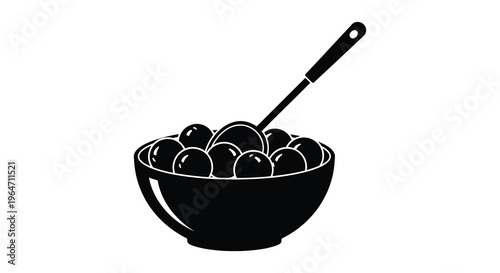 A black silhouette depicts a bowl filled with round objects and a long handled spoon showcasing a stark silhouette high quality professional