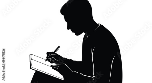 A dark silhouette of a man writing in a notebook suggesting thought and creativity a striking silhouette high quality professional detailed