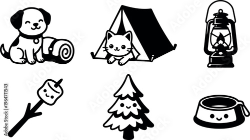 Black and white cute dog cat camping icons with lantern marshmallow tree and bowl