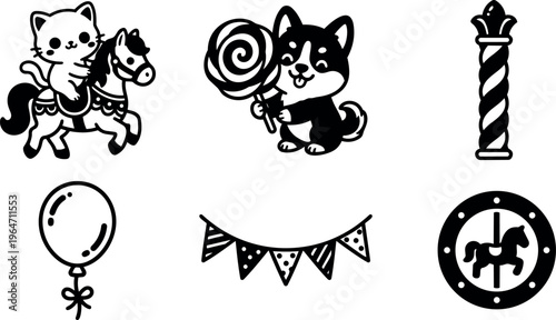 Black and white cute cat on carousel horse with happy dog holding lollipop and carnival icons
