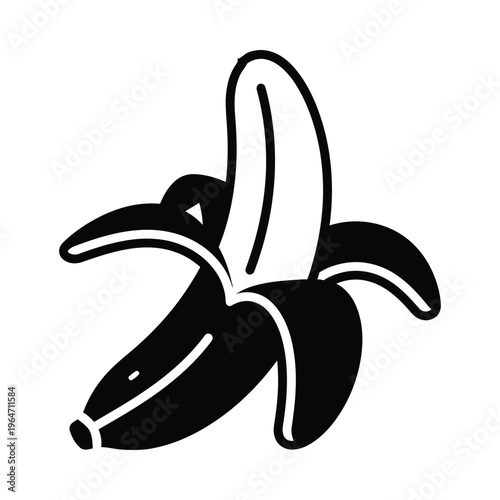 A black and white drawing of a peeled banana