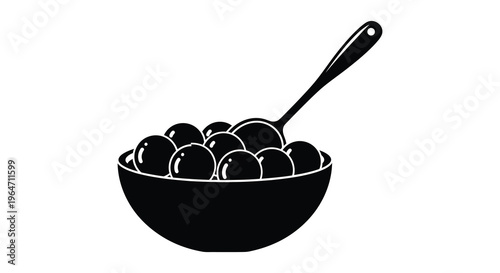 A black silhouette depicts a bowl filled with round objects and a spoon creating a minimalist scene silhouette high quality professional