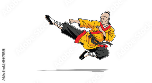 A dynamic illustration of a martial artist performing a flying kick showcasing strength and agility silhouette high quality professional detailed modern