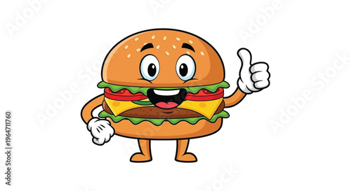 A cheerful cartoon hamburger character gives a thumbs up gesture with a bright playful design silhouette high quality professional detailed modern elegant