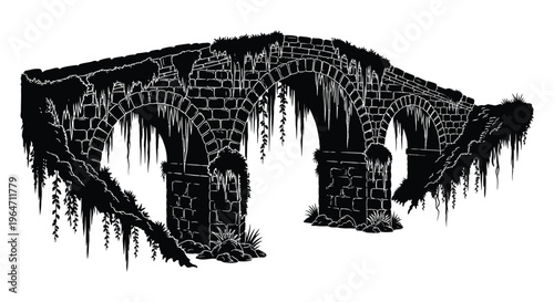 A detailed black and white illustration depicts an old stone aqueduct with vegetation presented as a silhouette high quality professional modern