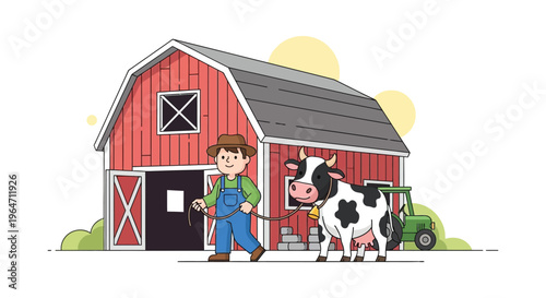 A charming farm scene depicts a farmer and cow near a red barn with a tractor illustration style silhouette high quality