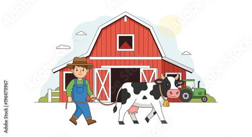 A vibrant farm scene depicts a farmer with a cow a red barn and a tractor in silhouette high quality professional