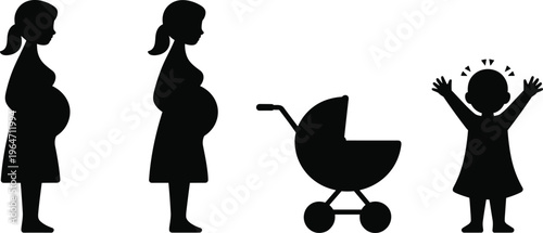 Black vector silhouettes of pregnant woman mother with baby carriage and happy toddler girl isolated on white background for motherhood parenting and family concept.