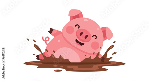A cheerful pink pig joyfully splashes and plays in a puddle of brown mud a charming silhouette high quality professional detailed