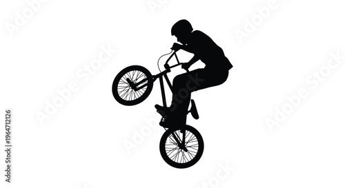 A dynamic black silhouette of a bmx rider performing a trick mid air against a plain white background silhouette high quality professional
