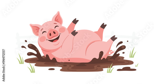 A cheerful pink pig happily rolls around in a muddy puddle on a farm creating a playful silhouette high quality professional