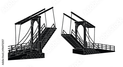 A detailed illustration of two suspension bridges viewed from a slightly elevated perspective in silhouette high quality professional modern elegant stylish