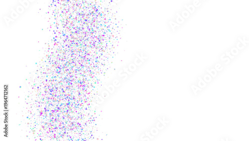 Glitch Glitter. Purple Carnaval Tinsel And Pink Holographic Confetti. Abstract Birthday Background On White. Happy Celebration With Transparent Serpentine And Gift. Blue Glitch Glitter