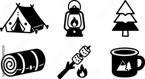 Black and white camping gear icons with tent lantern tree and marshmallows