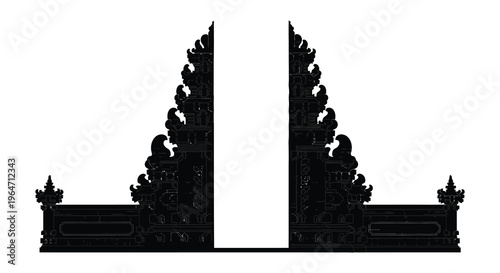 An intricate black silhouette of a traditional balinese gate with detailed carvings creating a striking visual silhouette high quality professional modern