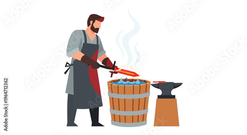 A blacksmith diligently forges a glowing sword carefully quenching it in water depicted as a striking silhouette high quality professional detailed