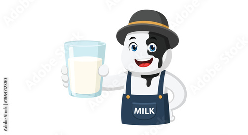 A cheerful cartoon cow mascot happily holds up a glass of milk showcasing a playful design silhouette high quality professional detailed