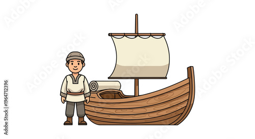 A cheerful sailor stands proudly beside a wooden viking ship a simple cartoon illustration silhouette high quality professional detailed modern elegant