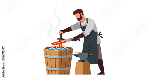 A blacksmith skillfully quenching a glowing sword in a wooden barrel showcasing traditional craftsmanship silhouette high quality professional detailed modern