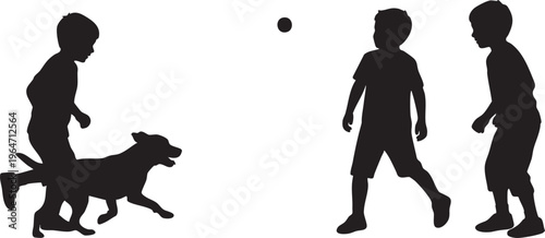 Silhouettes of happy children and a playful dog having fun with a ball, capturing joyful outdoor childhood moments