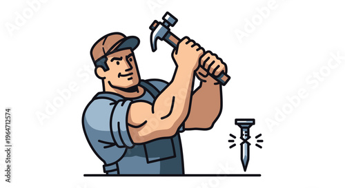 A muscular construction worker raises a hammer to strike a nail depicted in a bold silhouette high quality professional detailed modern