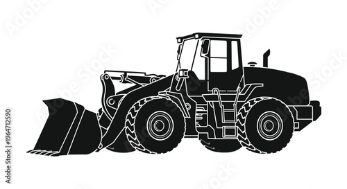 A striking black silhouette of a front end loader showcasing industrial machinery in a minimalist style silhouette high quality professional detailed modern
