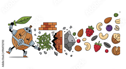 A whimsical illustration depicts a pumpkin character battling food items creating a dynamic and playful scene silhouette high quality professional