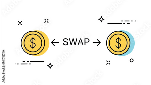 Digital currency conversion illustration featuring two coins with pixel accents and a central swap arrow, representing fintech innovation and modern digital finance