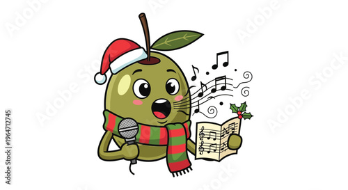 A cheerful olive character sings carols with a festive hat and scarf displaying a whimsical silhouette high quality professional detailed modern