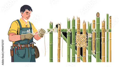 Crafting Bamboo: A skilled artisan expertly weaves a bamboo fence, blending traditional craftsmanship with natural materials to create a rustic, harmonious structure. 