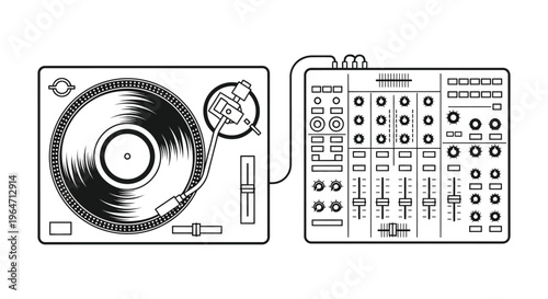 A detailed line art illustration showcases a turntable and mixer creating a classic dj setup silhouette high quality professional modern elegant