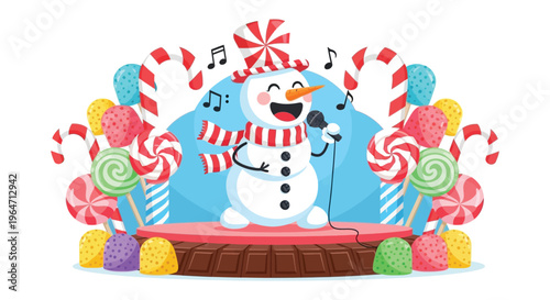 A cheerful snowman sings into a microphone on a stage adorned with colorful candies creating a festive scene silhouette high quality