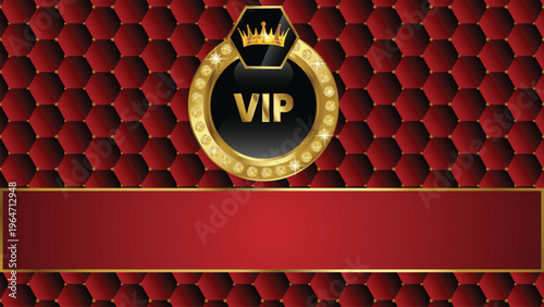 Luxury VIP Gold Badge on Red Hexagon Background with Premium Banner