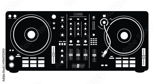 A stark white dj controller against a black background showcasing knobs sliders and platters silhouette high quality professional detailed modern