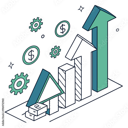 Green and white business graph with coins and gears chart